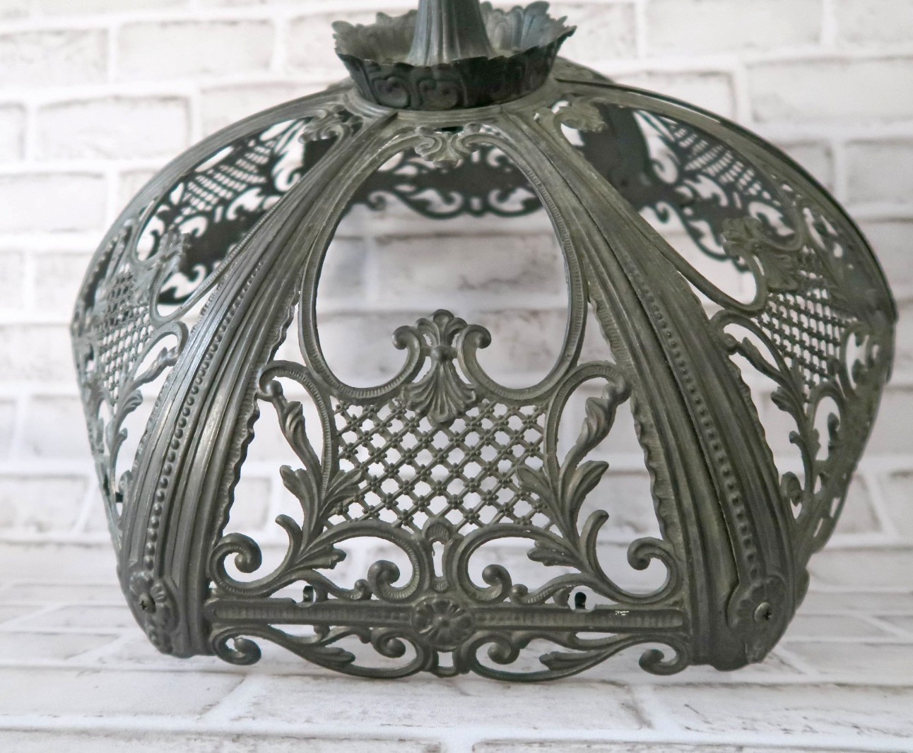 Antique 6 Panel Slag Glass Lamp Shade Metal Frame Filigree Art Nouveau Parts DIY