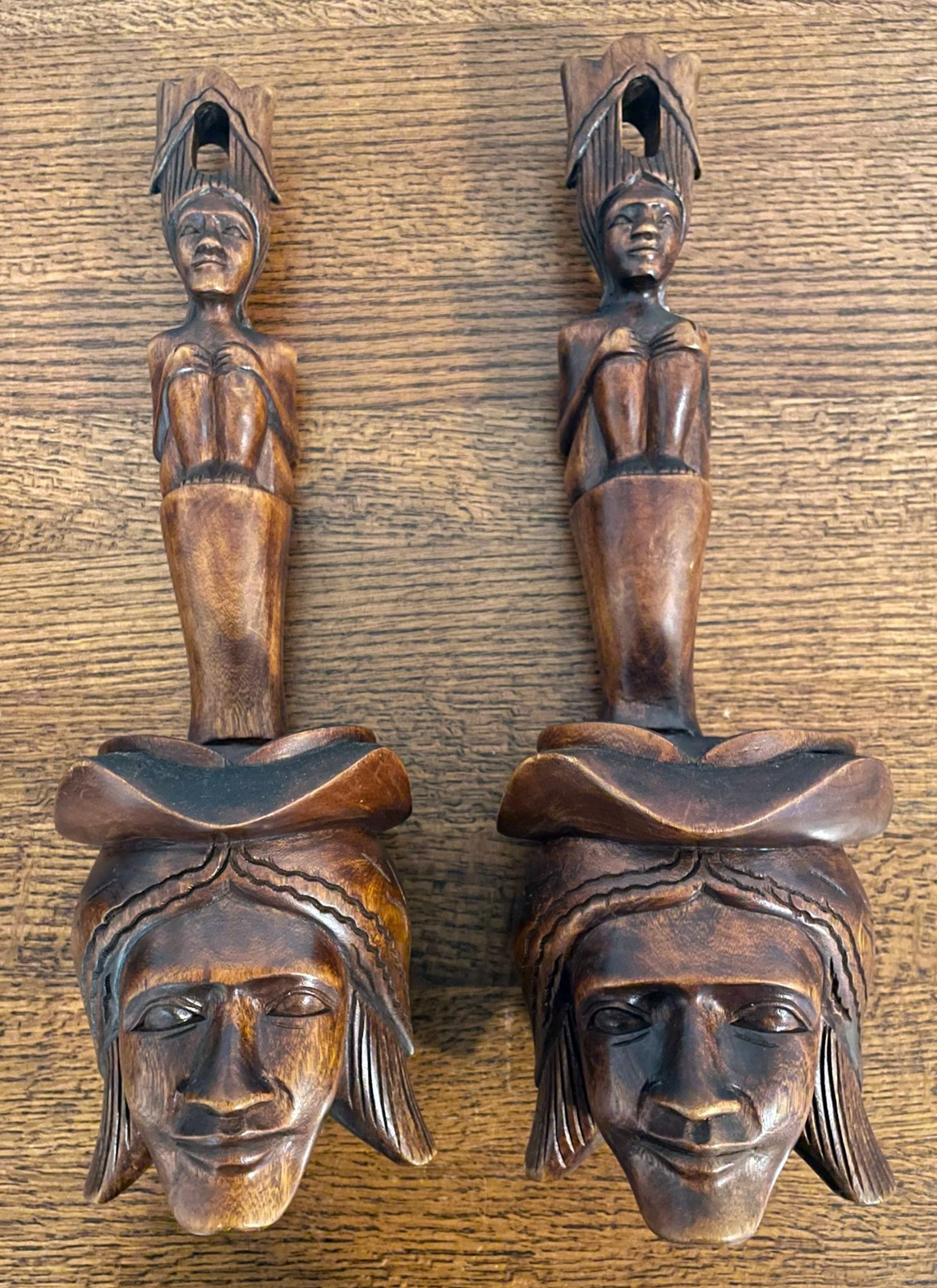 Vintage Philippine Igorot Carved Wood Offering Bowls Water Dippers Pair 17\