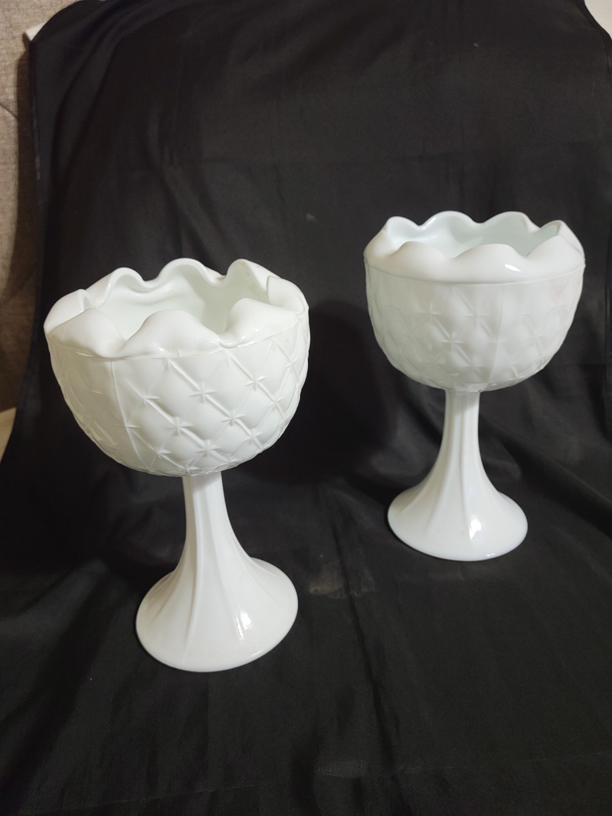 2 Vntg Milk Glass Pedestal Vase Quilted Pattern 9\