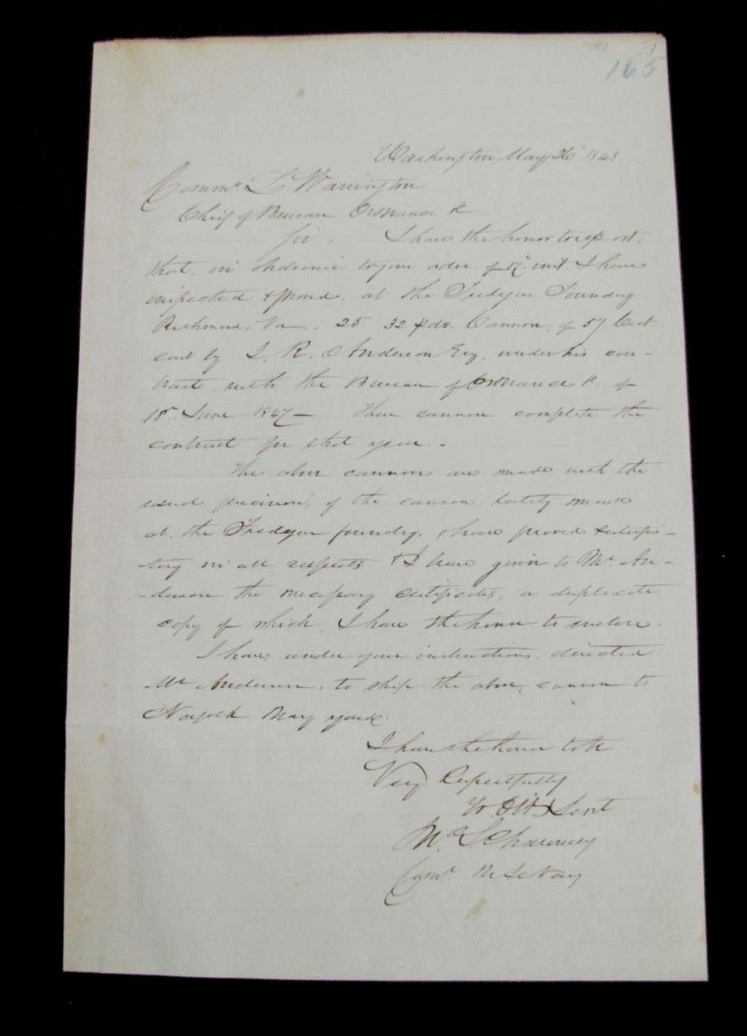 TREDEGAR IRON WORKS RICHMOND VIRGINIA CANNON INSPECTION REPORT 1848
