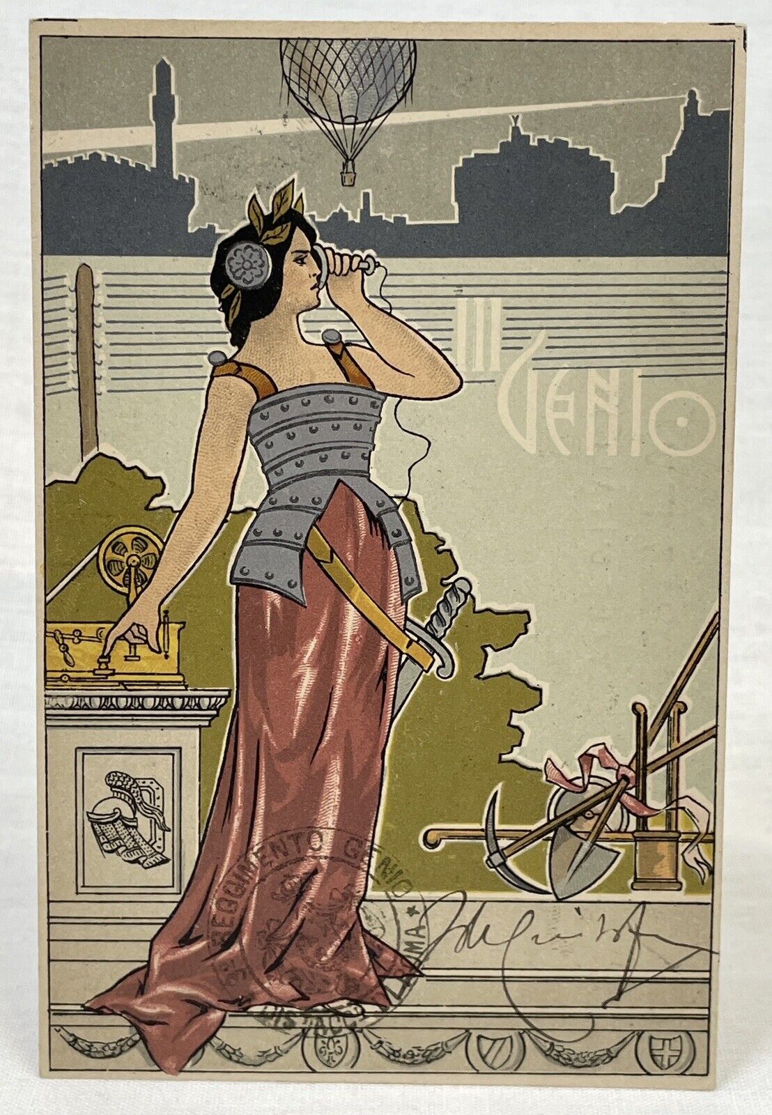 Italian Artist | Rare | Art Nouveau | Italy III GENIO Balloon | Woman Warrior