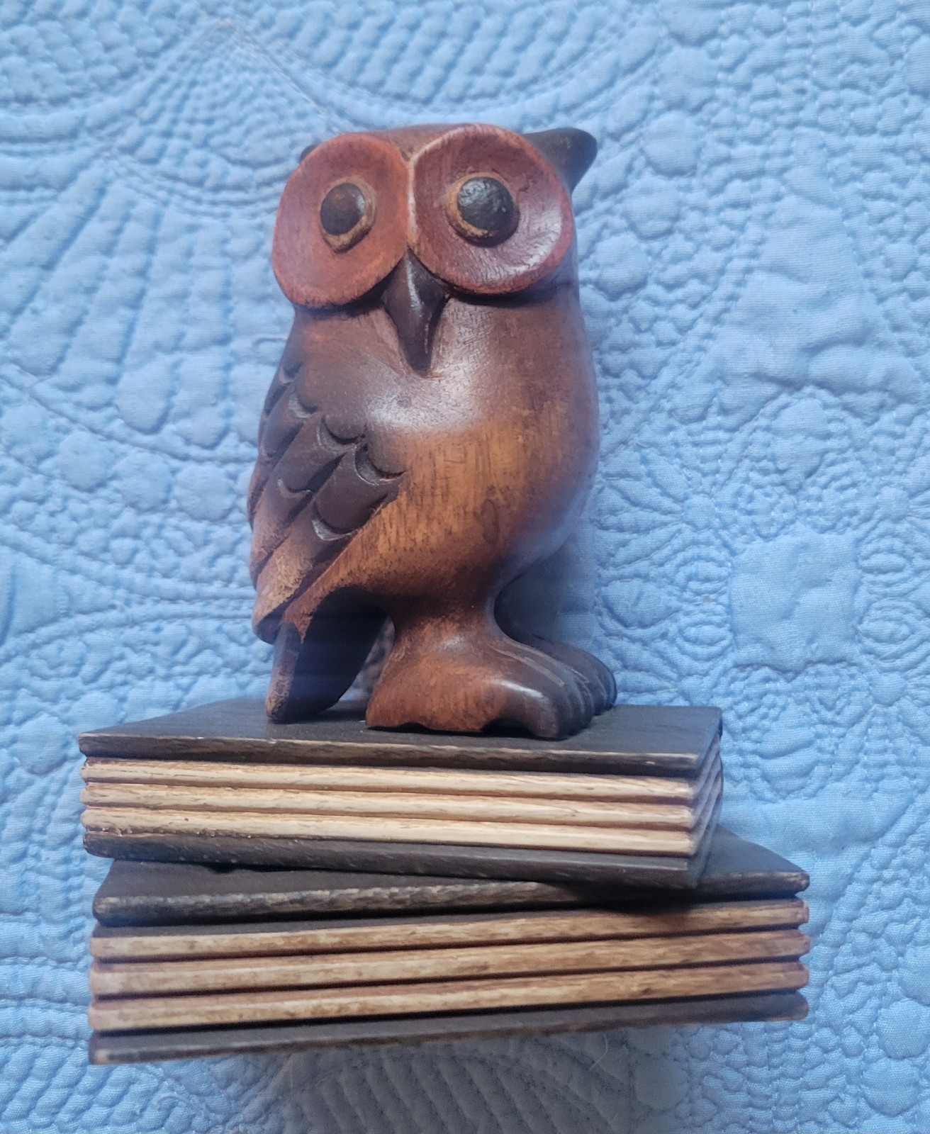 Vintage Hand Carved Wooden Owl Statue Bookend Figurine on Book Stack 7\