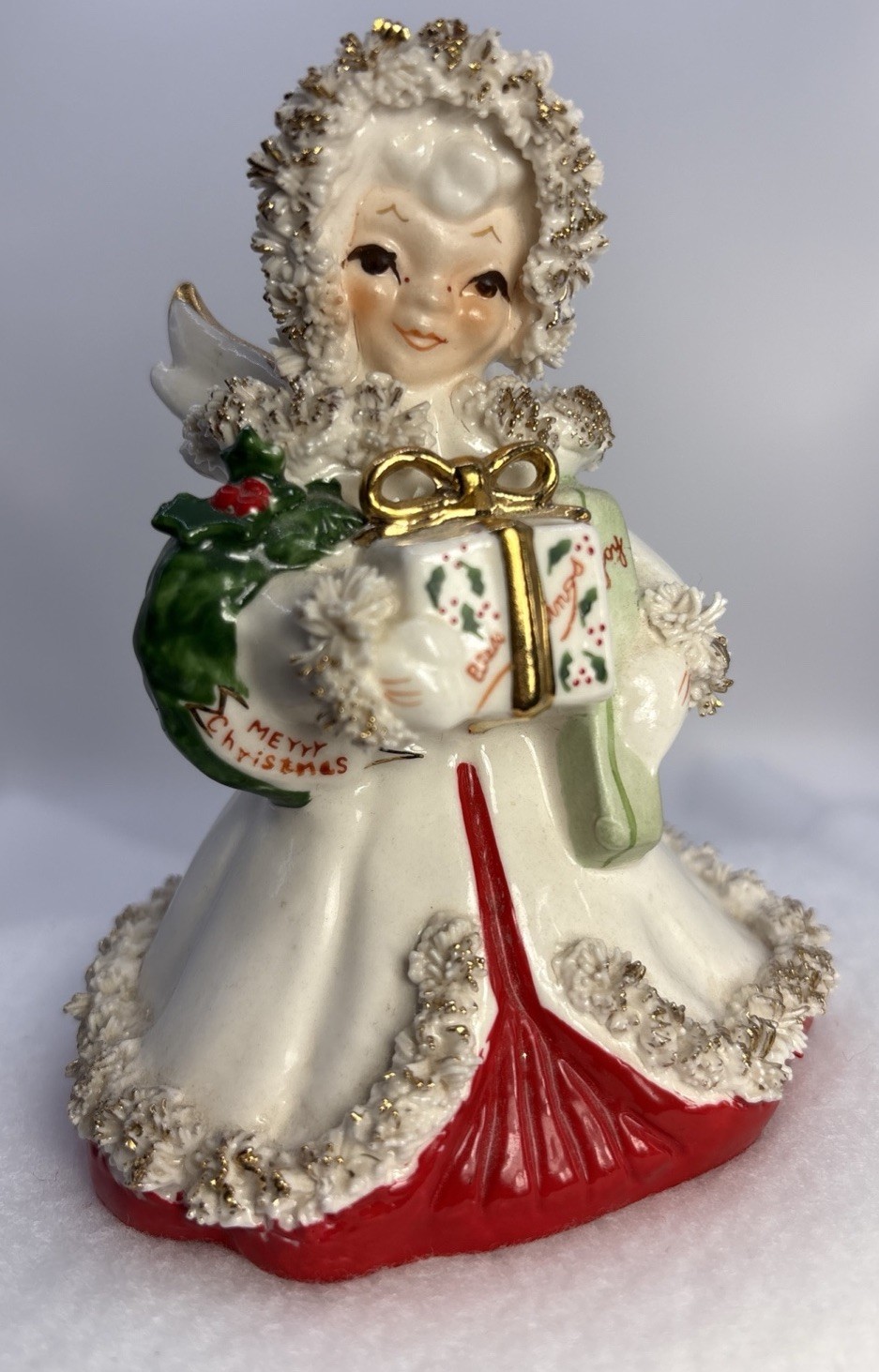 Vintage Lefton Christmas Angel Figurine S116B Spaghetti Trim