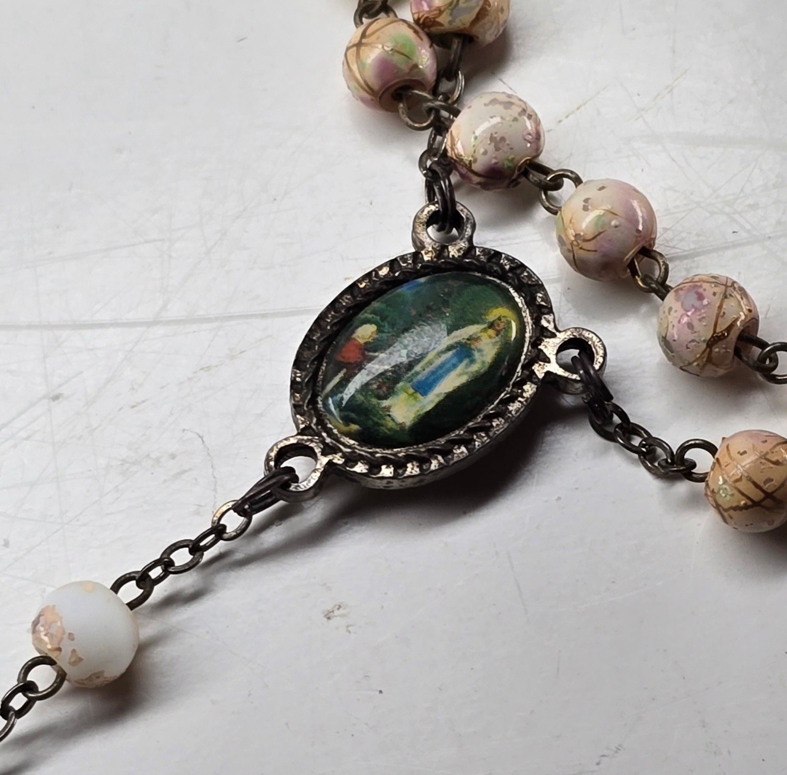 VTG Marked Italy Catholic Rosary Speckled Ceramic Beads Dark Chain Guadalupe 17\