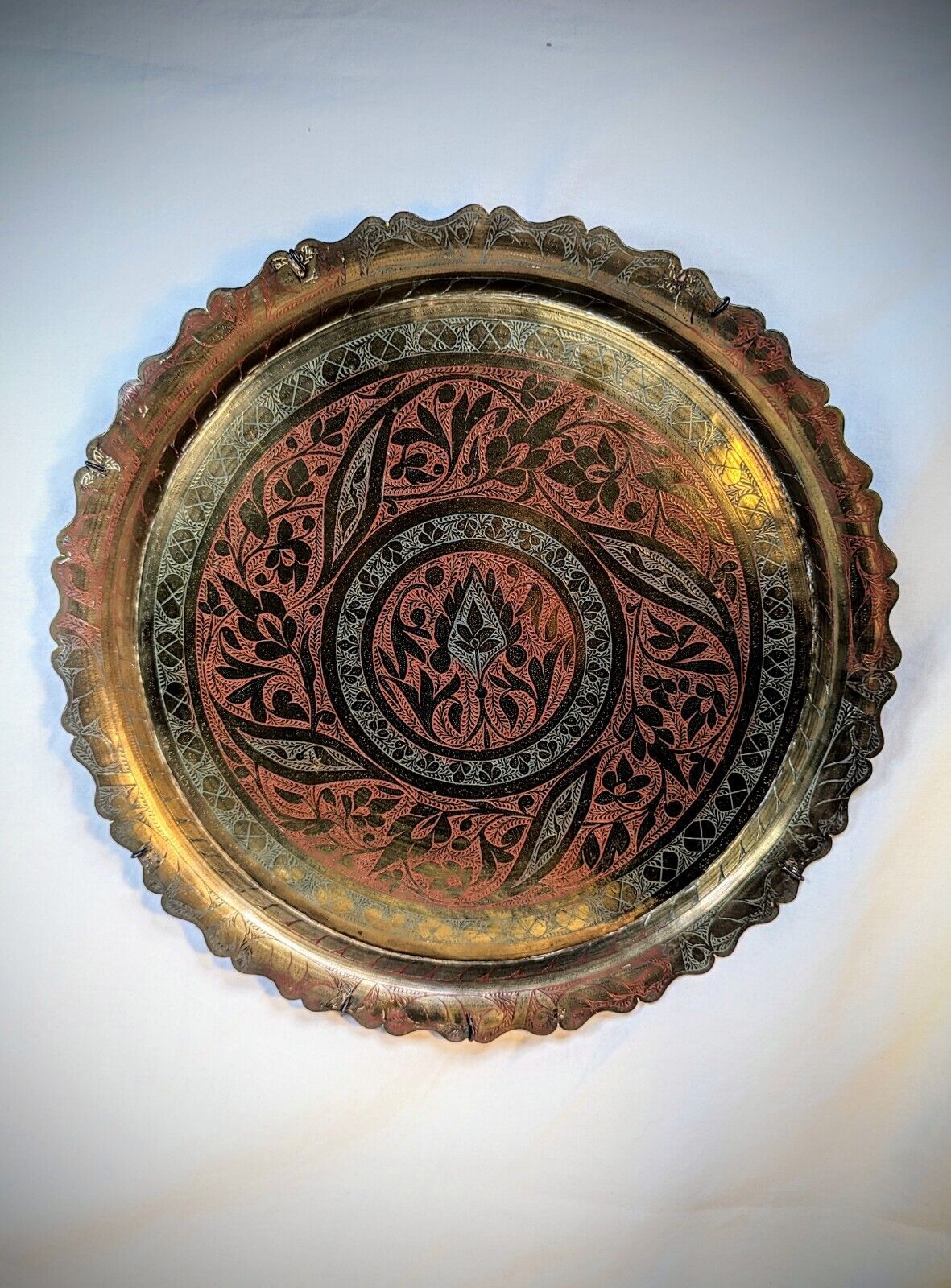 Middle Eastern Brass Platter Vintage Engraved Etched Serving Charger Hanging