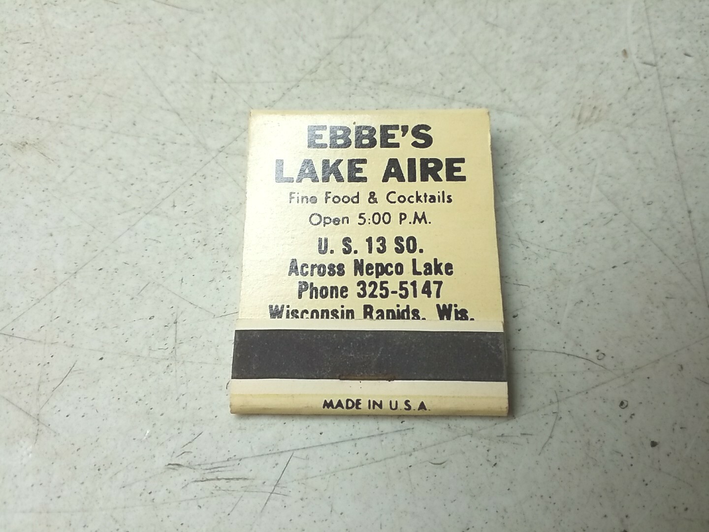 Ebbes Lake Aire Fine Food Cocktails Wisconsin Rapids Vtg Matchbook Advertising 
