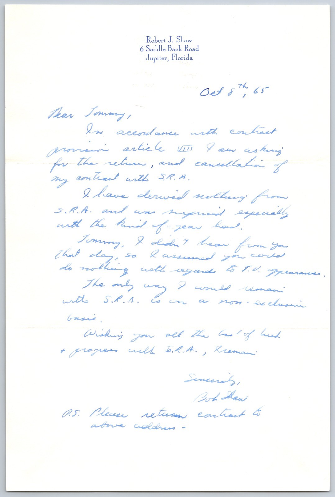 1965 Robert Shaw Hand Written Letter to Sports Agent w/envelope