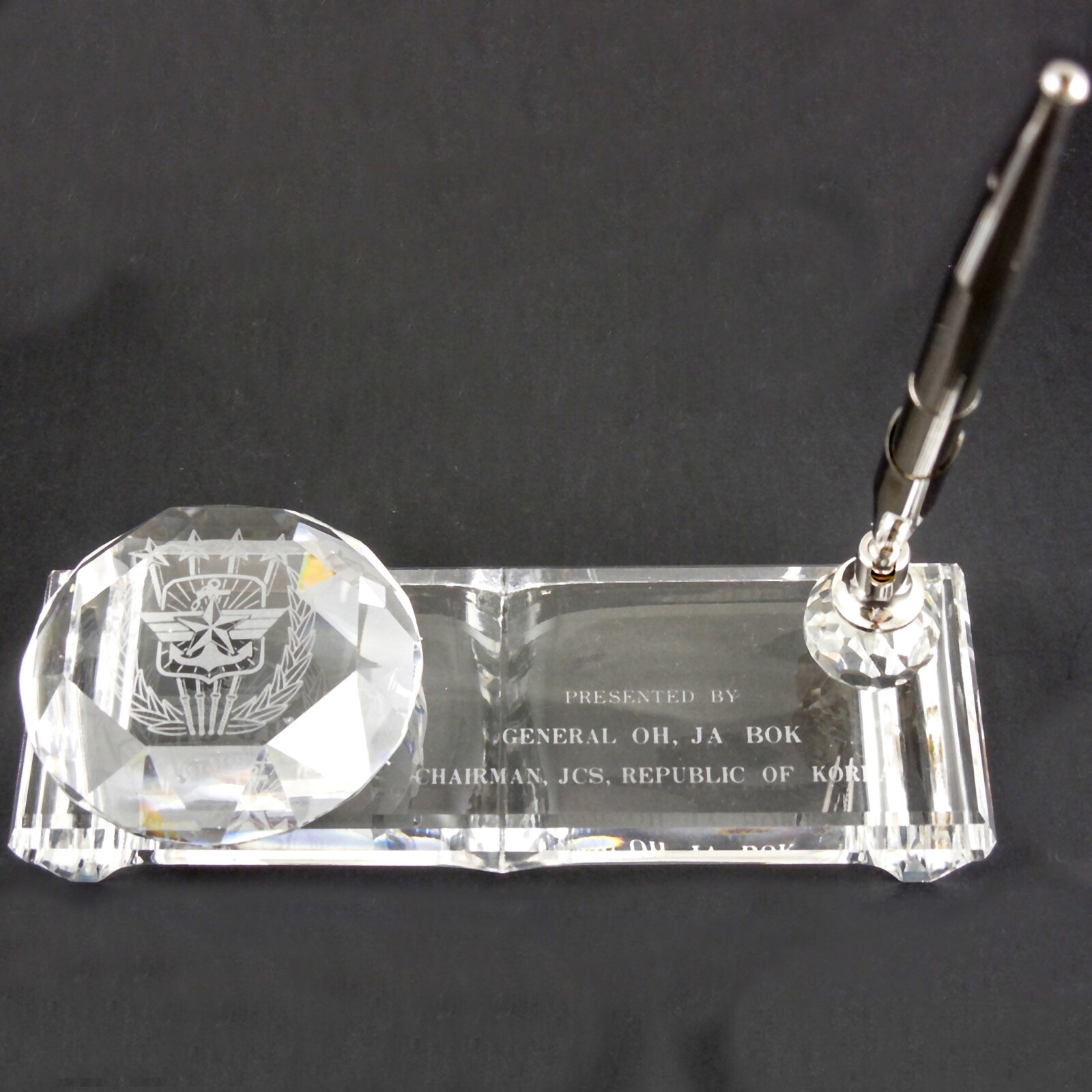 Korean General To US Navy Admiral James A. Lyons Jr. AWARD - Chrome Pen, Crystal