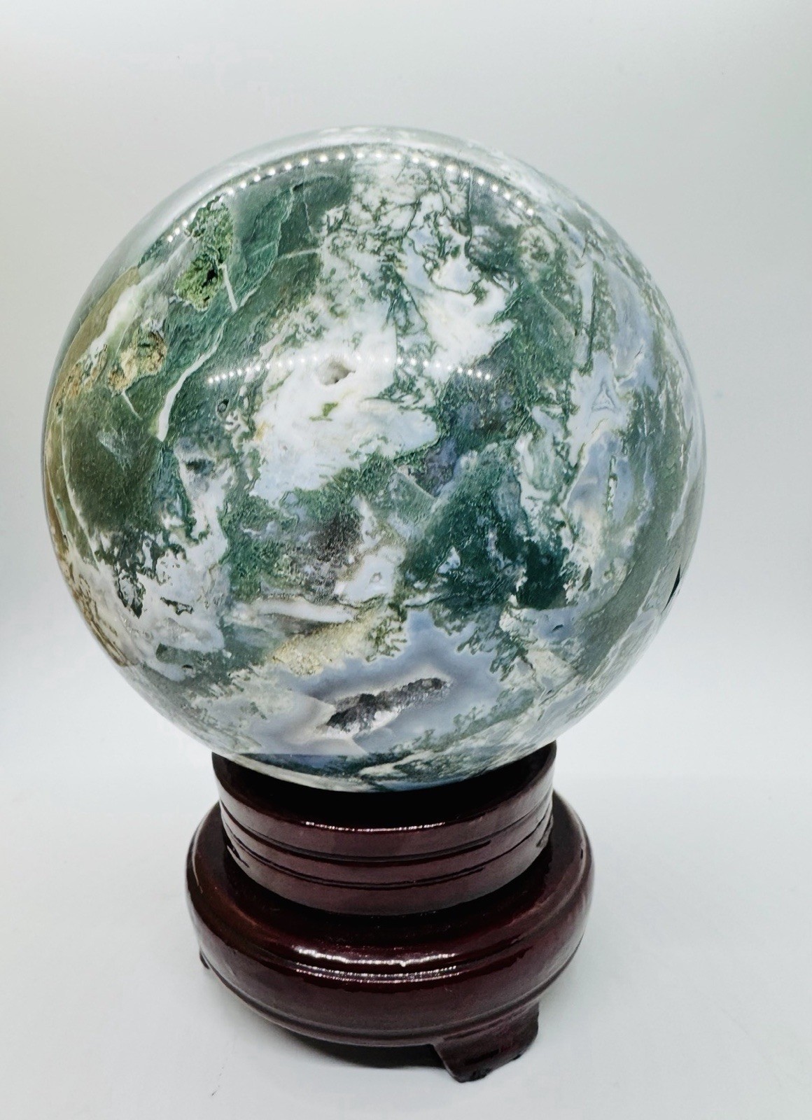 11 pound Polished Moss Agate Green White Crystal Sphere with Wooden Stand 11 pound Polished Moss Agate Green White Crystal Sphere with Wooden Stand