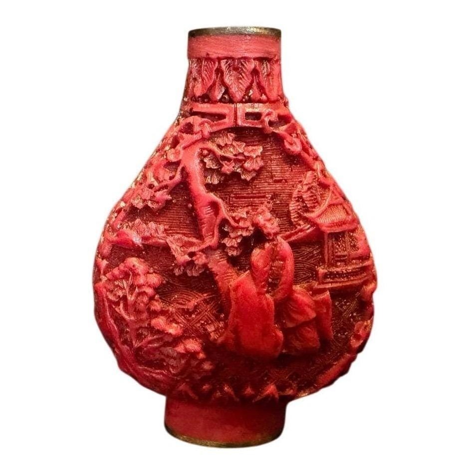 Antique Chinese Cinnabar Red Carved Lacquer Snuff Bottle Figures Landscape 3in