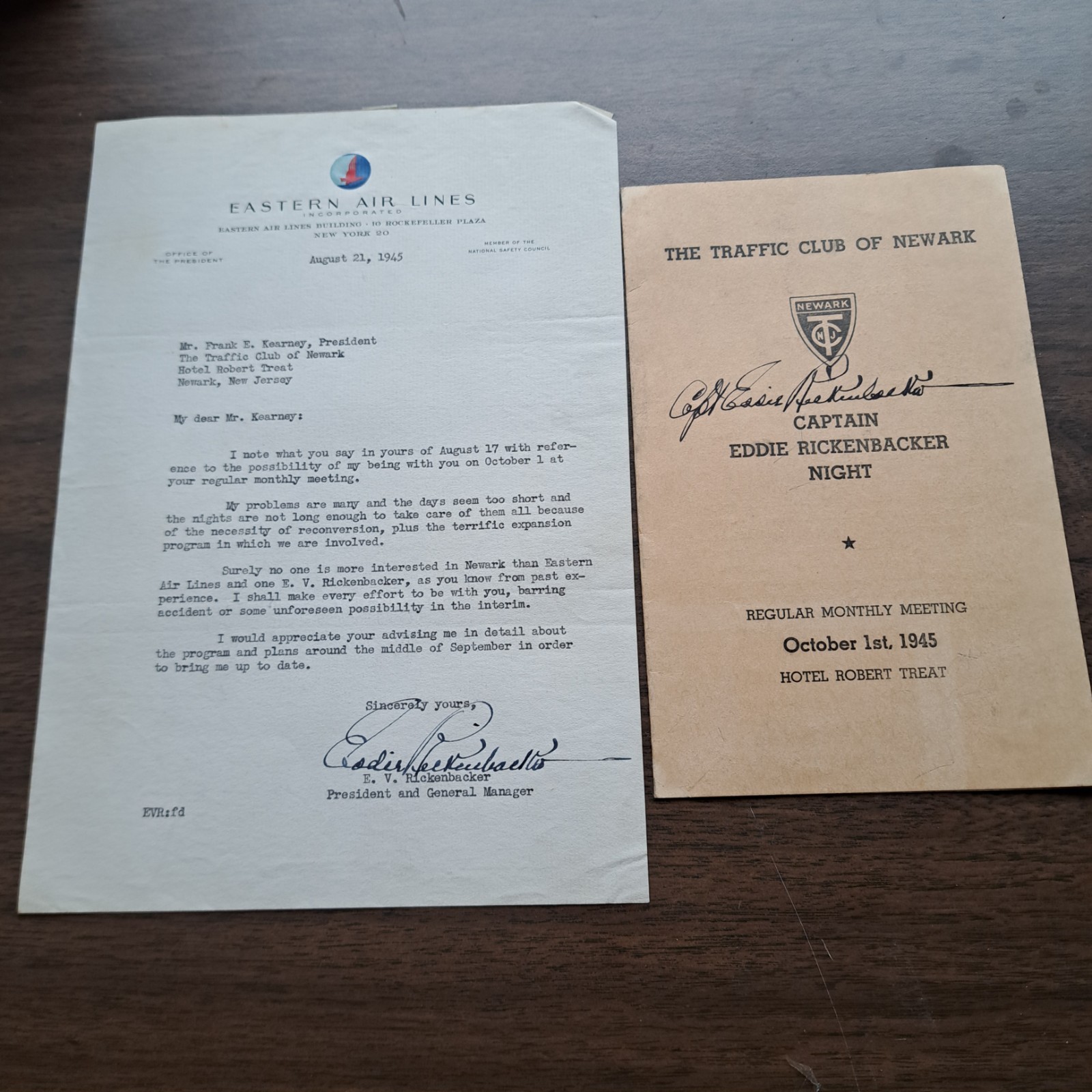 WWI Pilot Ace Eddie Rickenbacker Signed Letter Program Card Traffic Club Newark