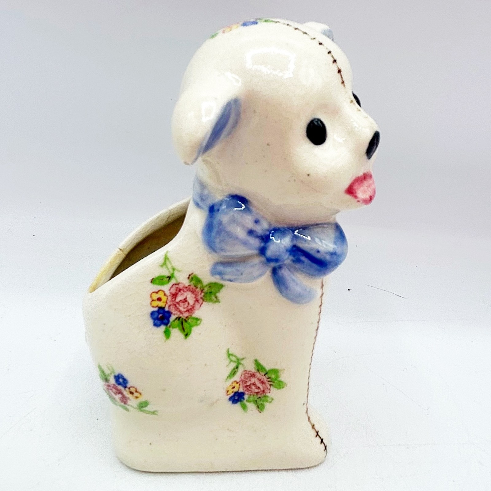 Vintage Occupied Japan Floral Pattern Porcelain Stitched Dog Planter