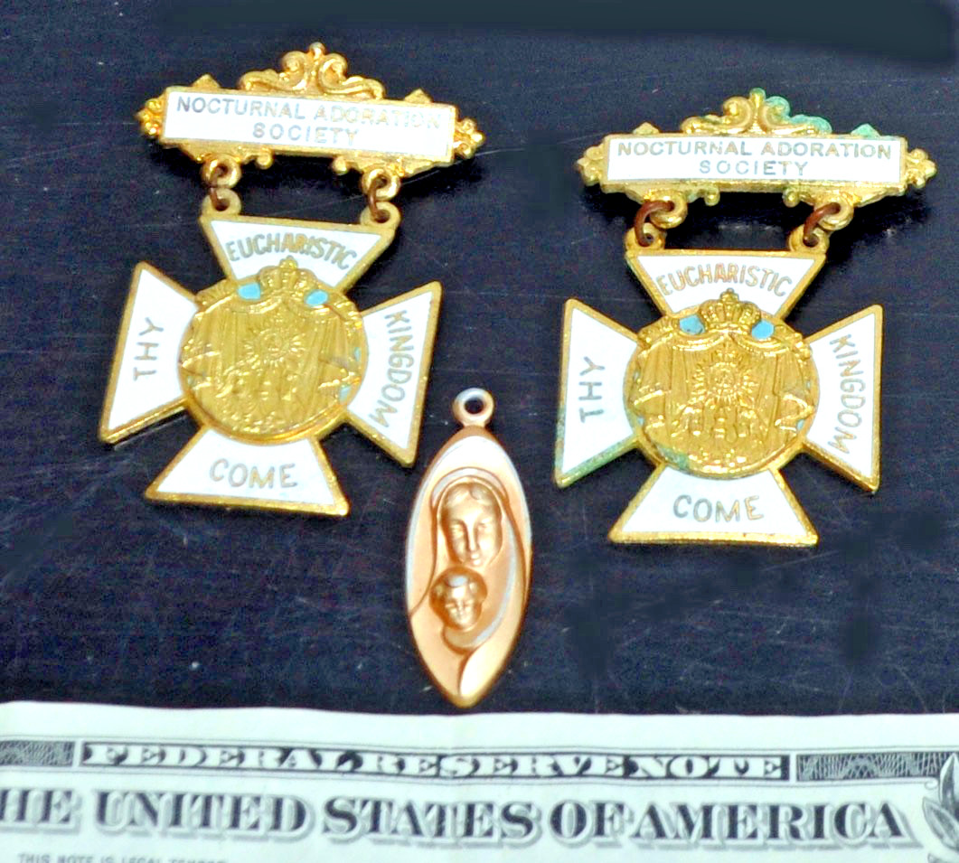 NOCTURNAL ADORATION SOCIETY 1950's Golden Medals. Thy Eucharistic Kingdom Come
