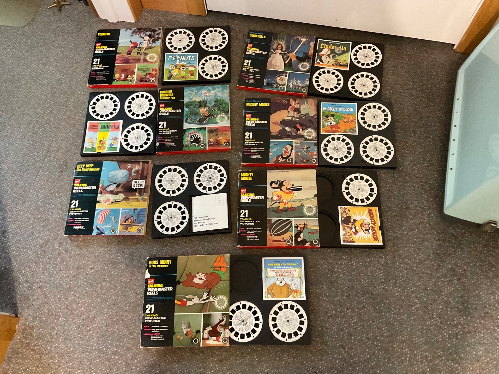 gaf talking viewmaster reel lot 7 w/boxes bugs bunny snoopy mighty mouse mickey