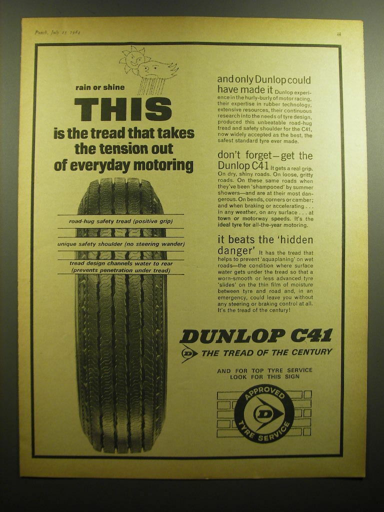 1964 Dunlop C41 Tires Ad - Rain or shine this is the tread that takes