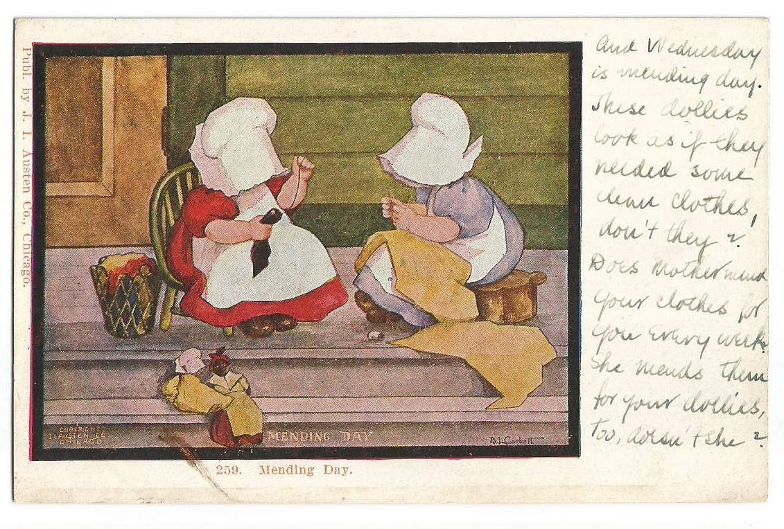 Girls Bonnets Postcard Mending Day c1905 B.L. CORBETT