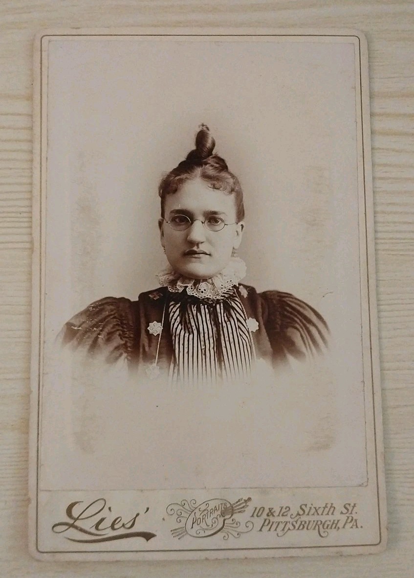 Antique Victorian Cabinet Card Photo Woman Glasses Lies Photographer Pittsburgh Antique Victorian Cabinet Card Photo Woman Glasses Lies Photographer Pittsburgh