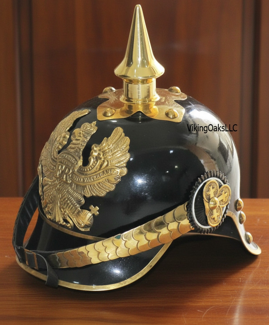 German Pickelhaube Helmet Free Wooden Stand / World War Prussian Officer Grade German Pickelhaube Helmet Free Wooden Stand / World War Prussian Officer Grade