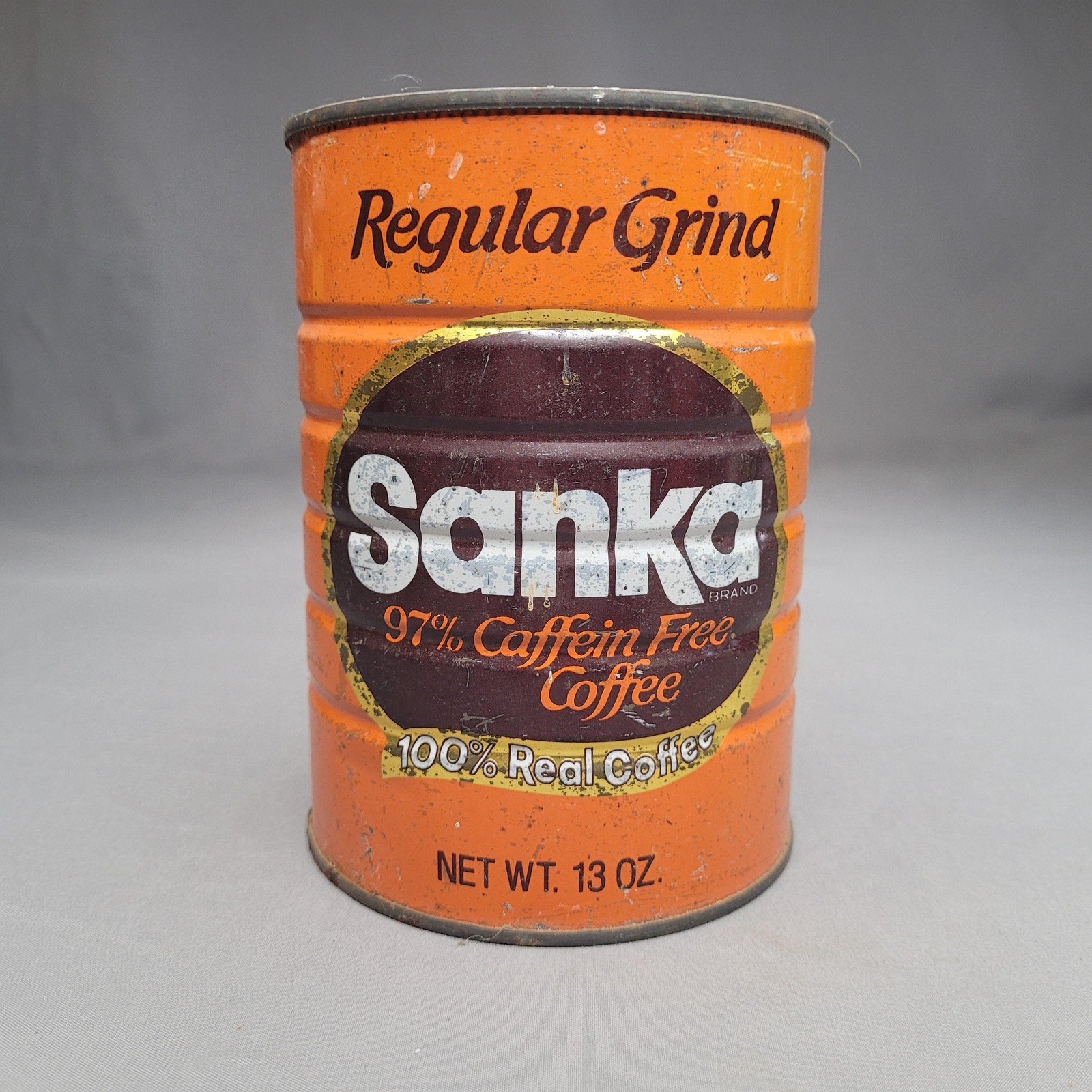 Vintage Sanka Orange Coffee Can Tin Regular Grind 97% Caffeine Free 13 Oz Empty