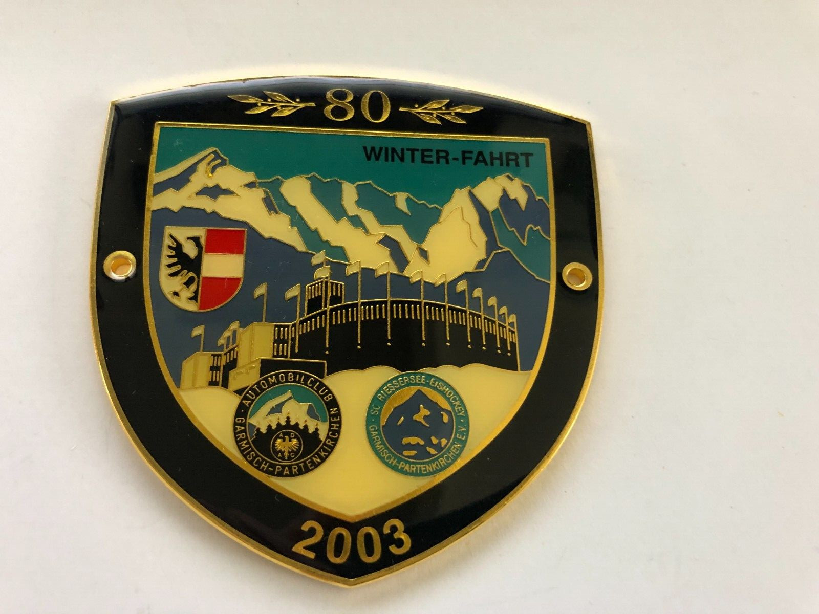 Vintage Automobile Car Grill Badge Enamel Garmisch-Partenkirchen Winter Fahrt