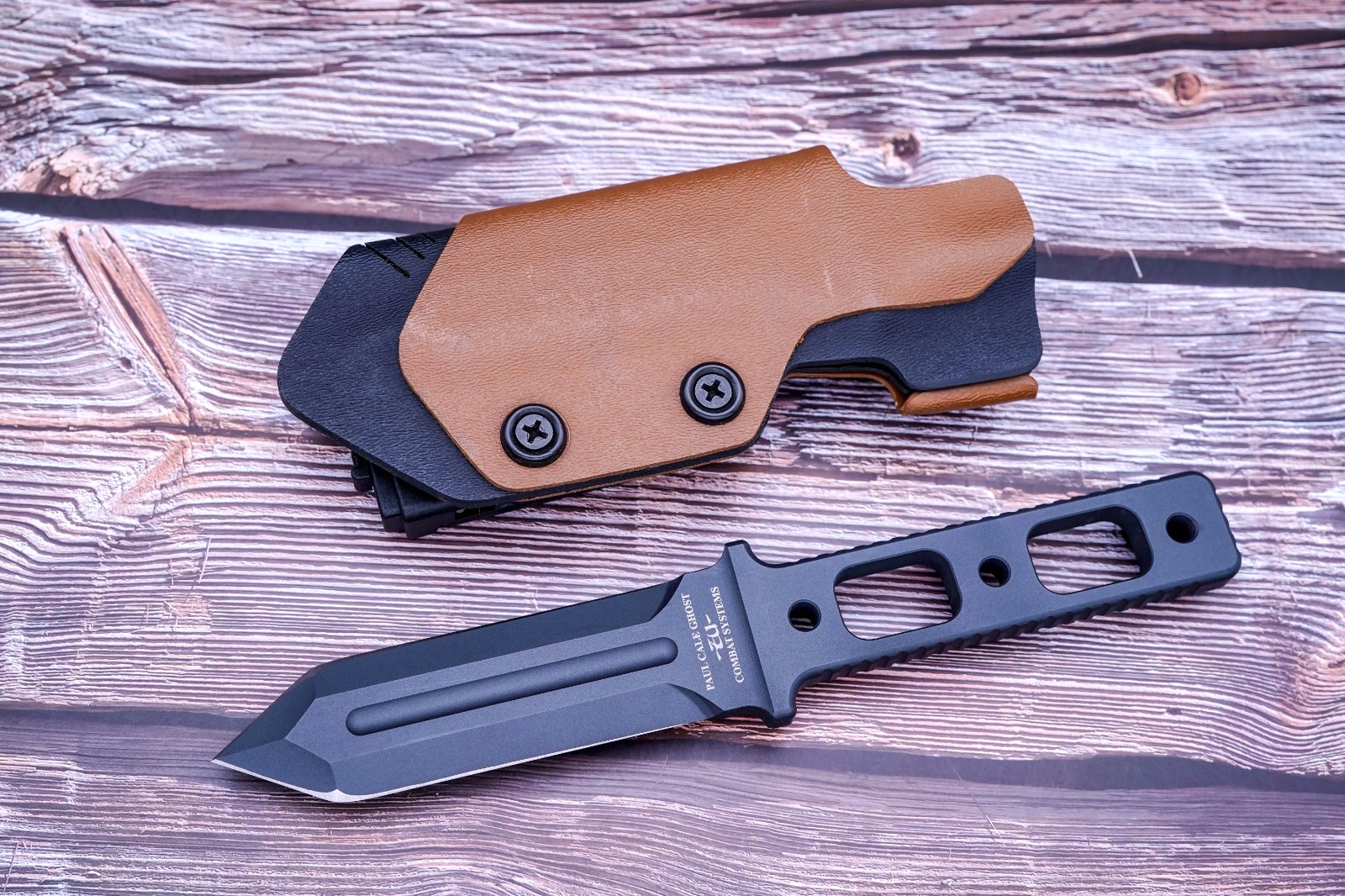 ZU Bladeworx/Paul Cale Ghost, Sniper Gray Coated Cryodur 2363/A2, Custom Sheath