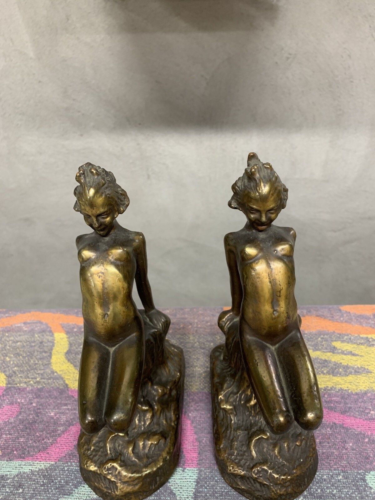 RARE 1927 ART DECO ARMOR BRONZE NUDE FEMALE NYMPH BOOKENDS