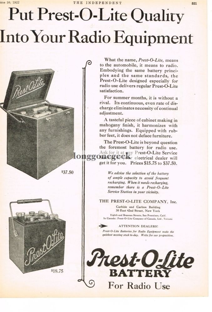 1922 Prest-O-Lite Co. Battery for radio use Prestolite Vintage Ad 