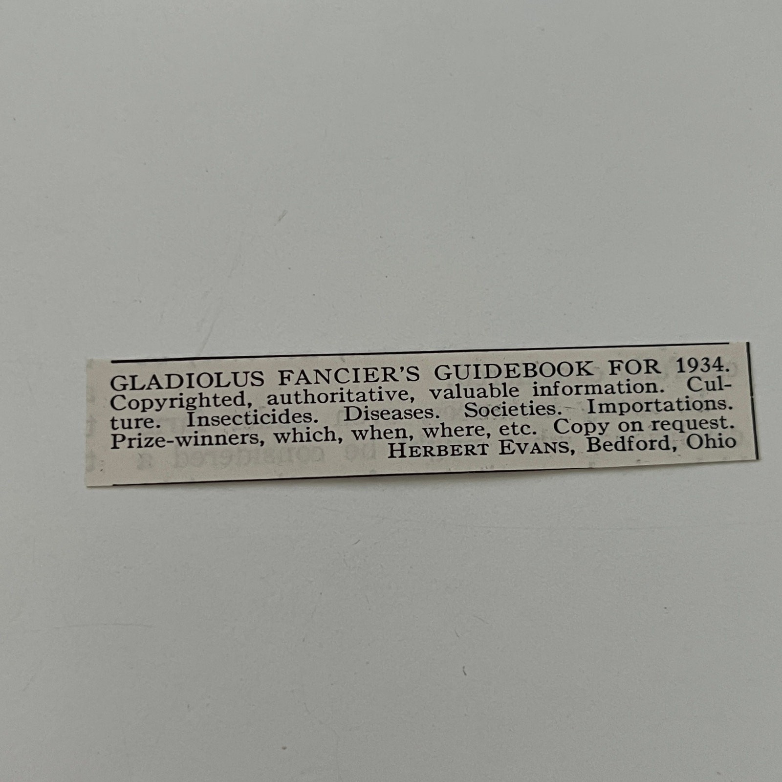 Gladiolus Fancier\'s Guidebook For 1934 Herbert Evans Bedford OH 1934 Ad SAH7-S17