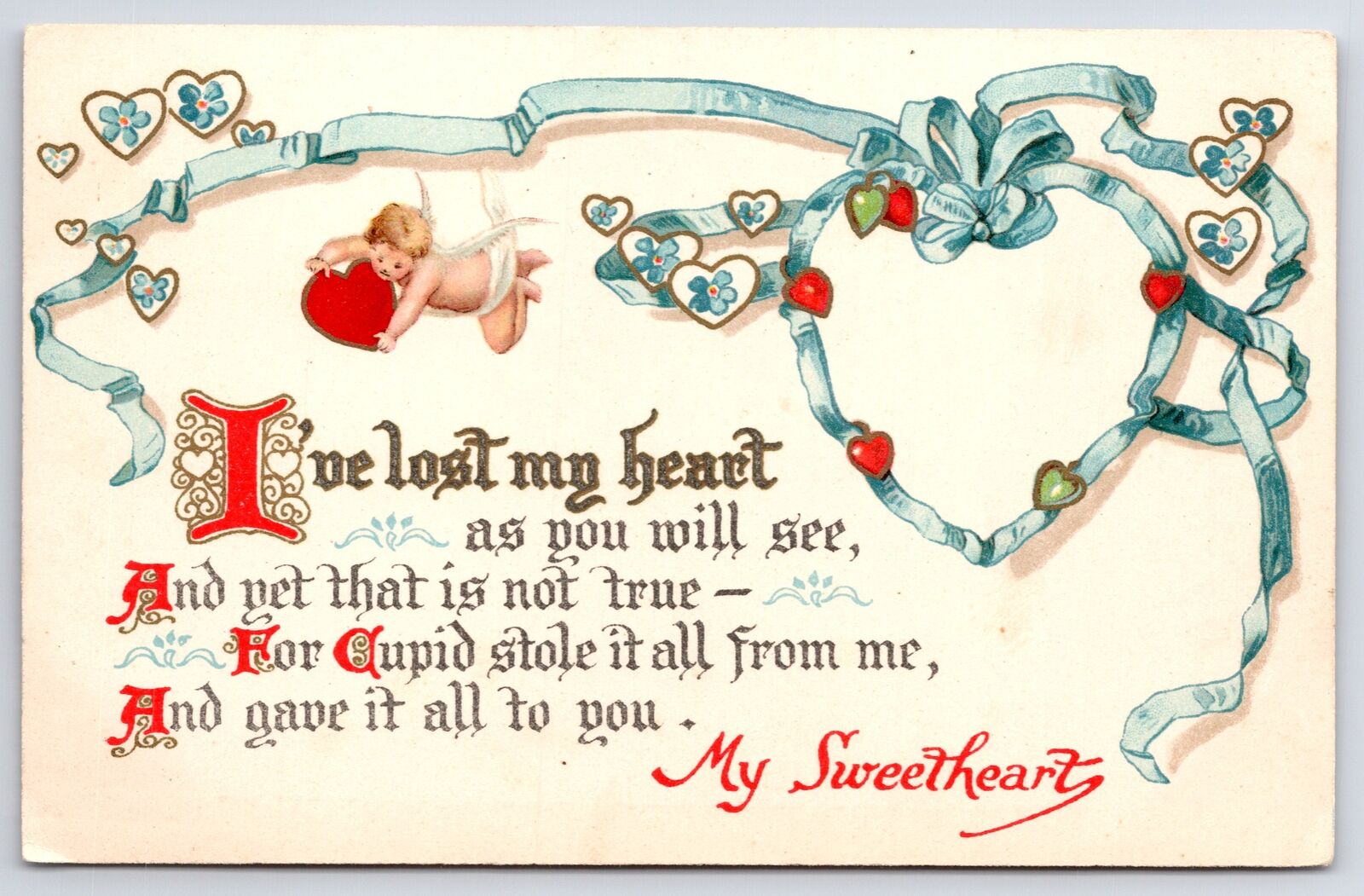 Ernest Nister Valentine Calligraphy~Cupid Stole my Heart~Gave~Blue Ribbons~1905
