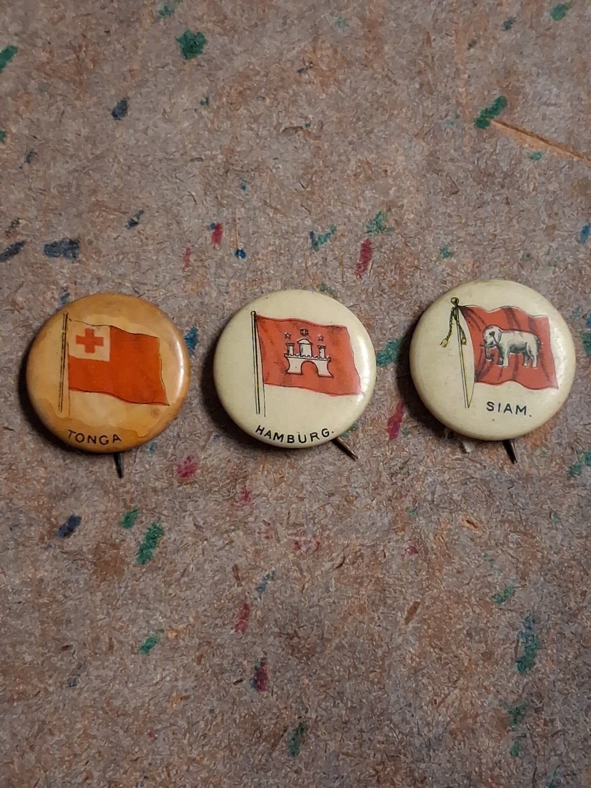 3 vintage country flag pins