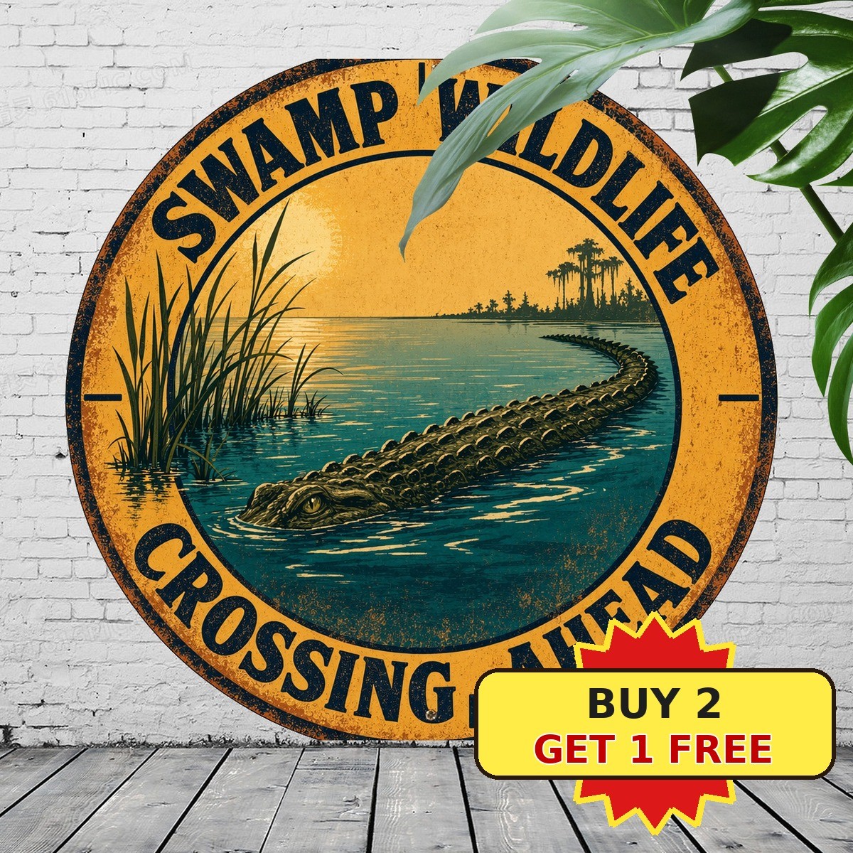 Alligator Crossing Gator Warning Round Aluminum Metal Sign 8x8