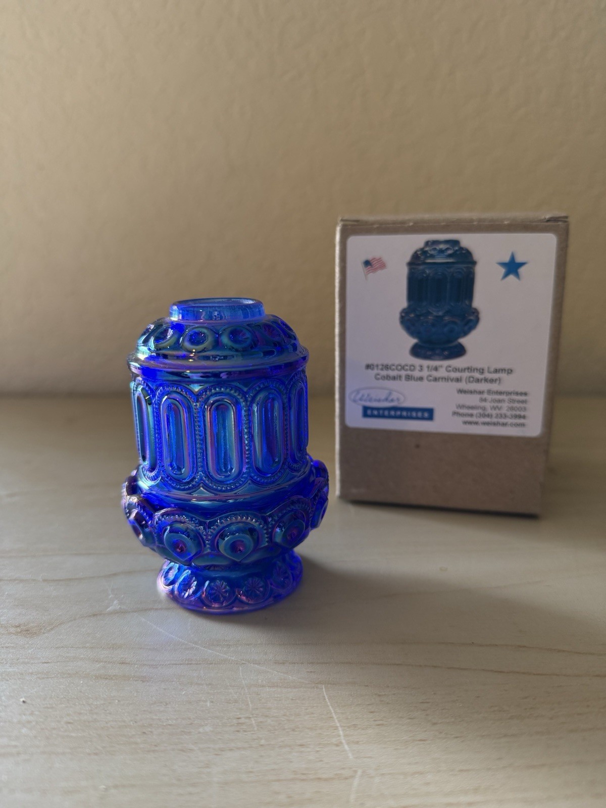 NIB Weishar Cobalt Blue Carnival Glass MINI Courting Fairy Lamp Moon And Stars