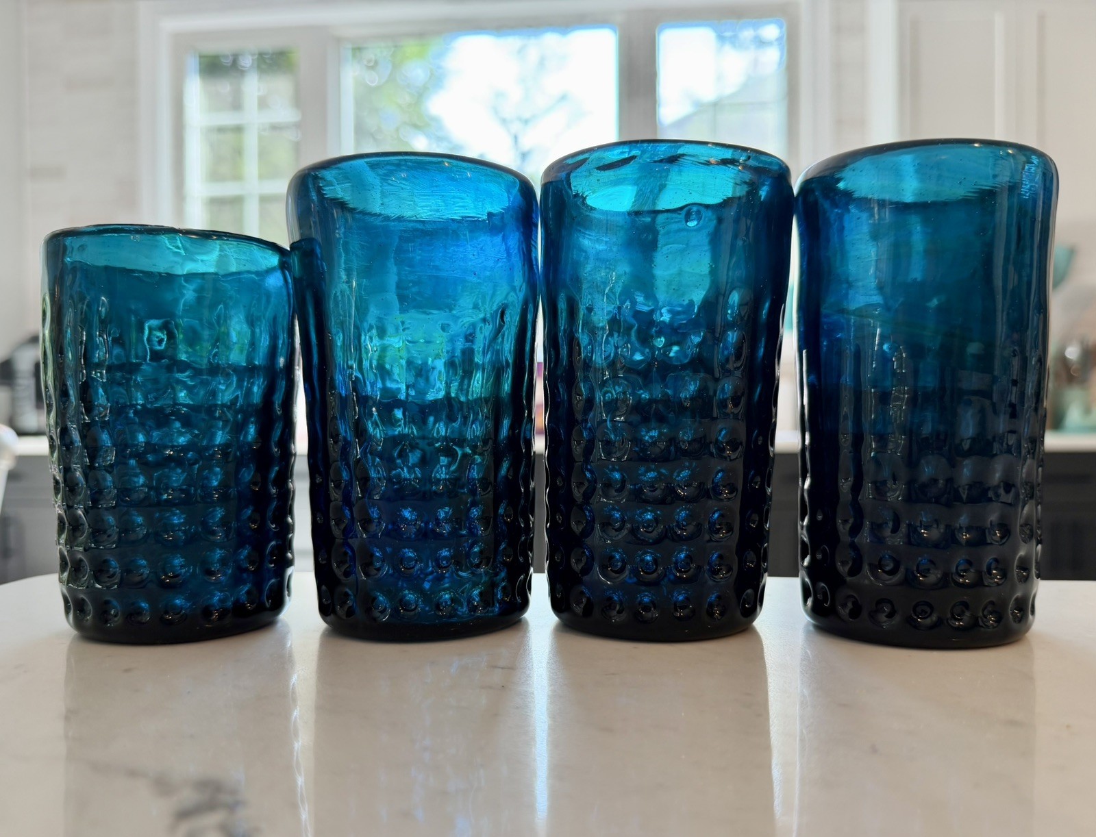 Blenko Glass Blue with green swirls Dimpled Tumblers Glasses Lot Of 4 rare color