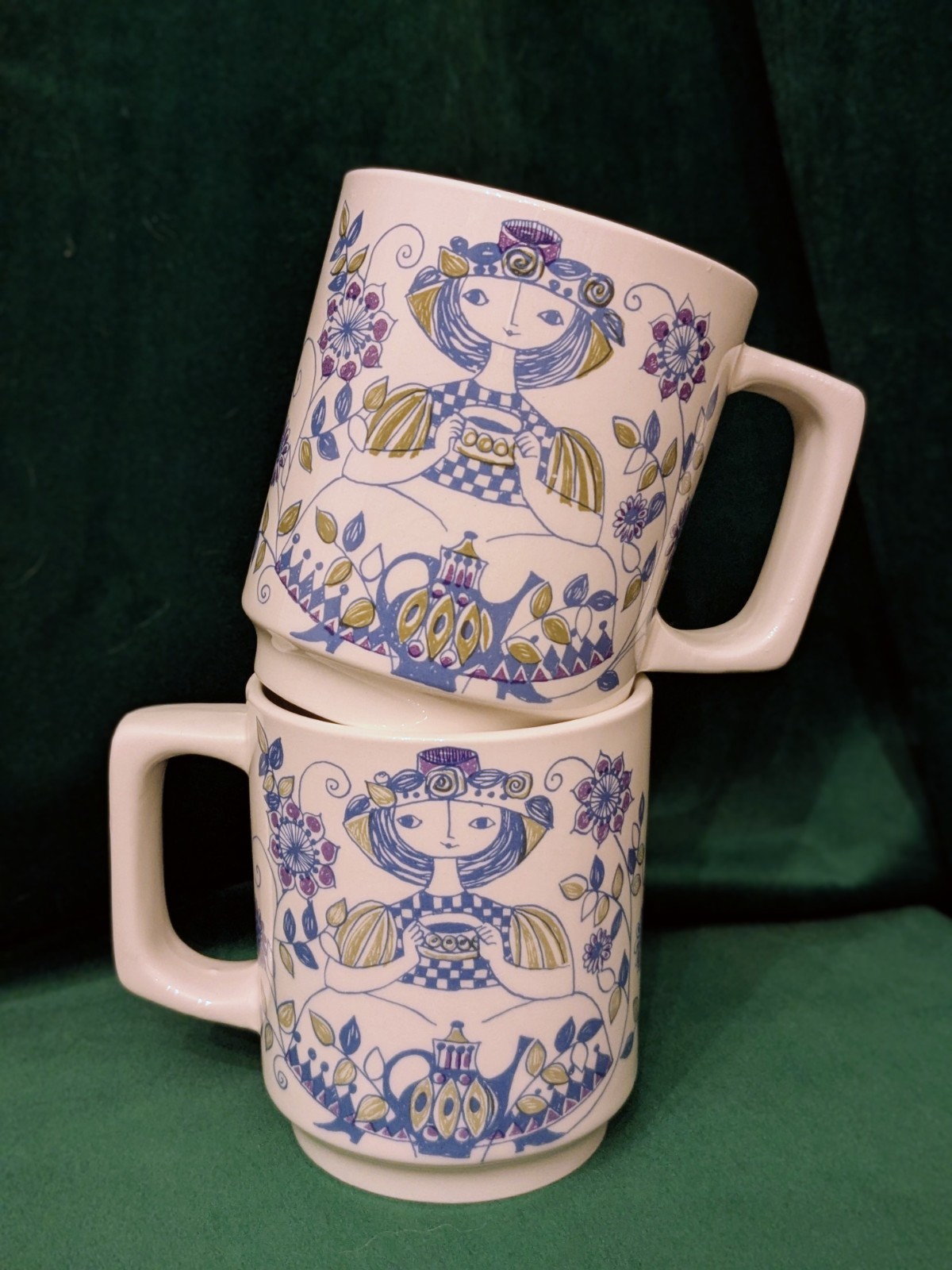 ✨ HTF Design Vintage Turi Figgjo Lotte Norway MCM Folk Art Set Of 6 Coffee Mugs