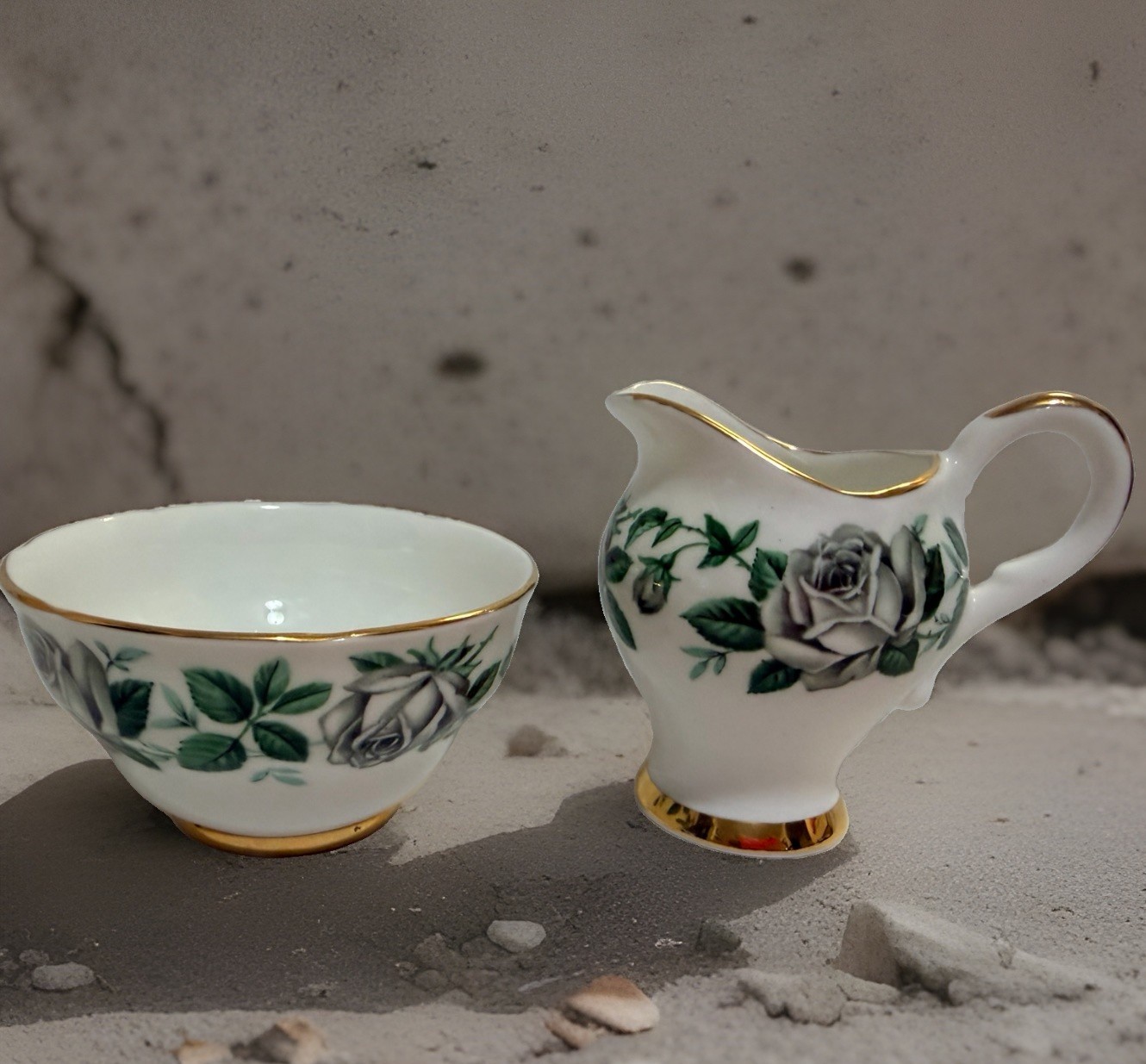 Royal Ardalt Bone China Creamer & Sugar Bowl Set Floral Gold Trim 2096F