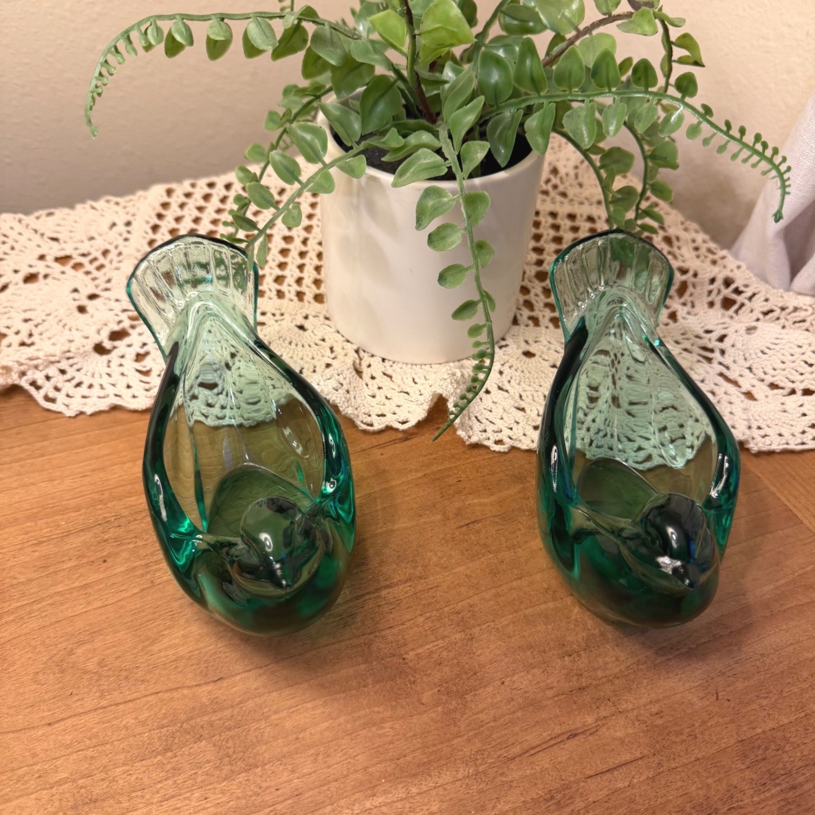 Pair Vintage Fenton Green Art Glass Bird Figurines Tea Lights Candle Signed