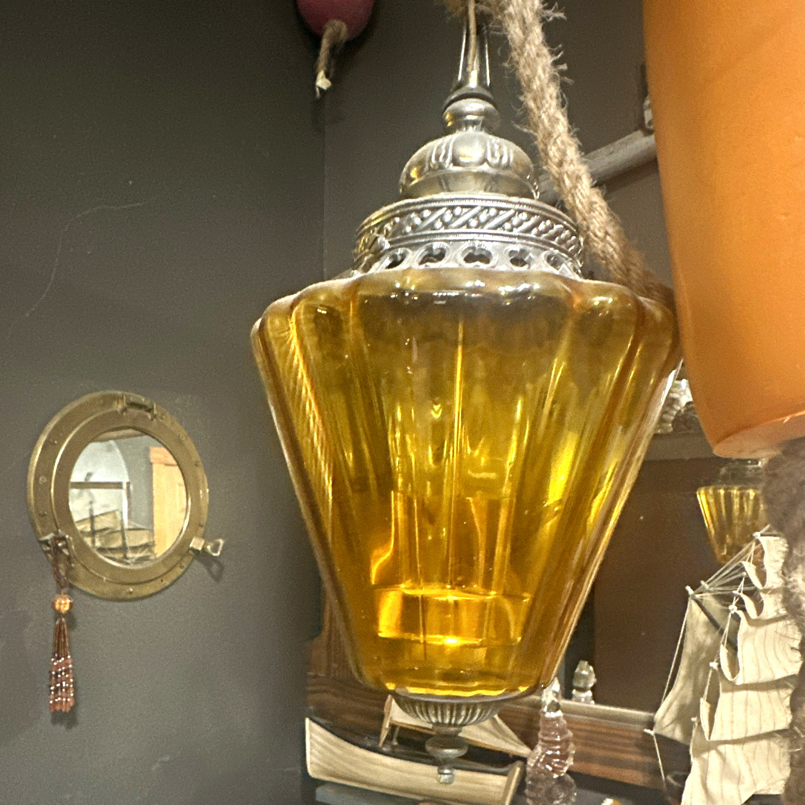 Amber Glass Hanging Pendant Light Fixture w/ Metal Cap, Indoor Electric, 1 Light