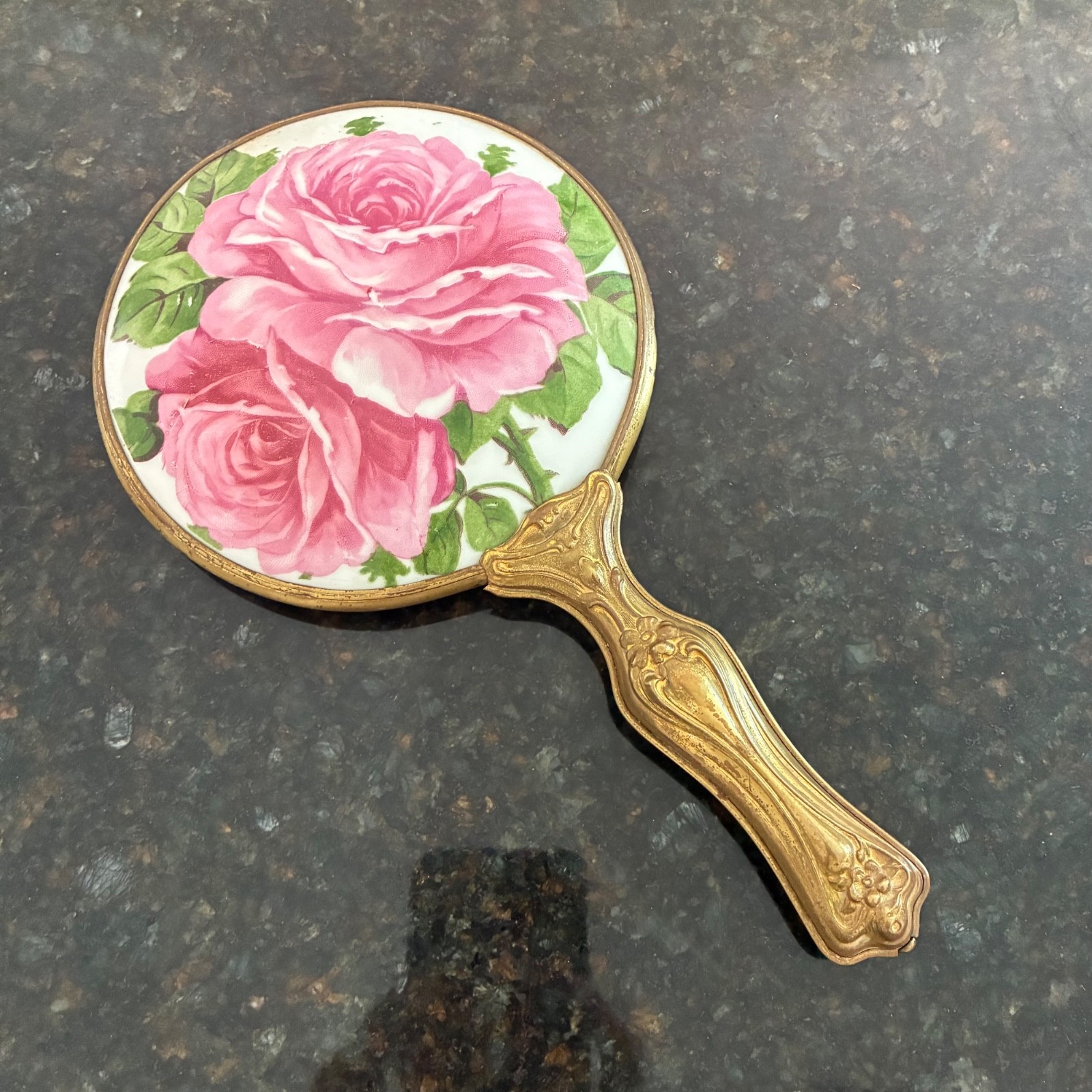 Antique Porcelain Rose & Gold Gilt Brass Vanity Art Nouveau Repousse Hand Mirror