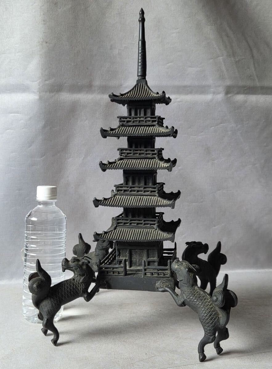 Antique Japanese Bronze Five Story Pagoda Kirin Buddhist Temple Sculpture