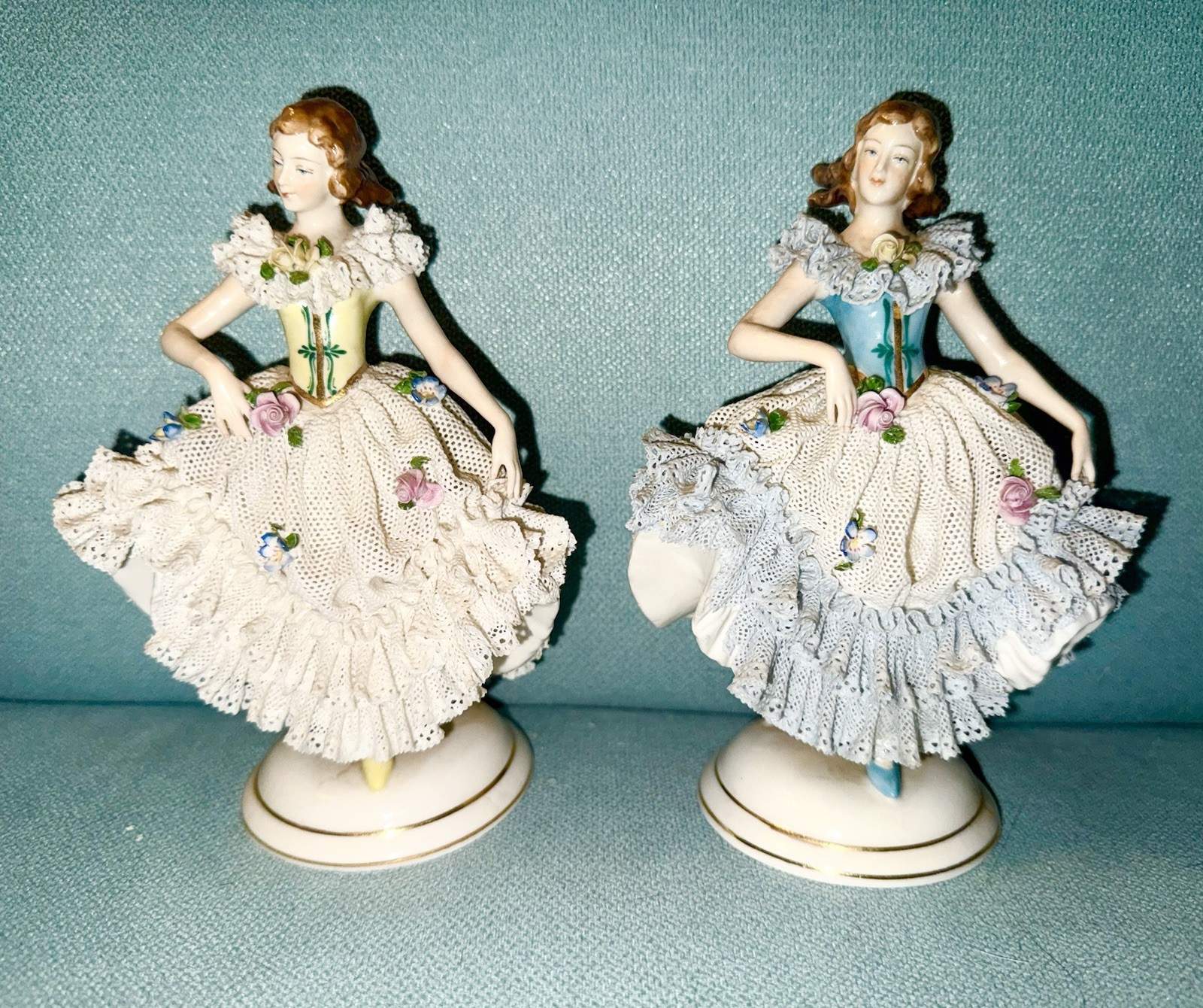 Pair of Dresden Art Ballerinas - Blue & Yellow DAMAGED Lace Dresses - MZ Germany