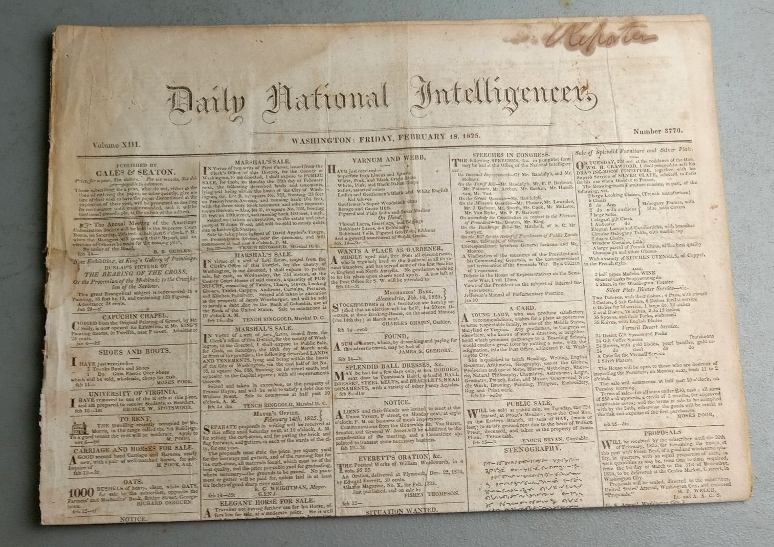 RARE 1825 Contested Election Newspaper National Intelligencer Henry Clay Jackson