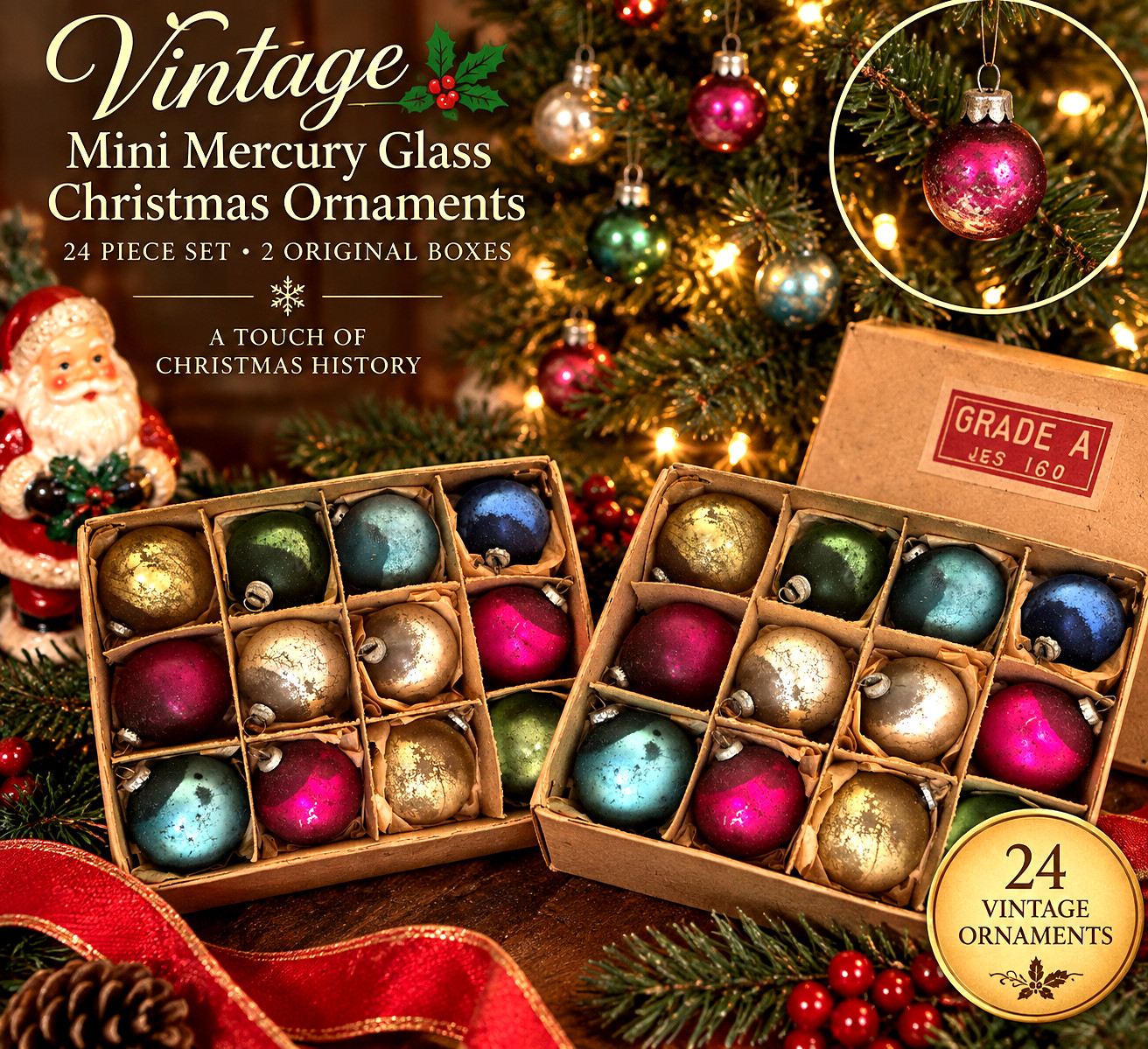 Vtg Mini Mercury Glass Christmas Ornaments 24 Pc 2 Original Boxes NOS? MCM