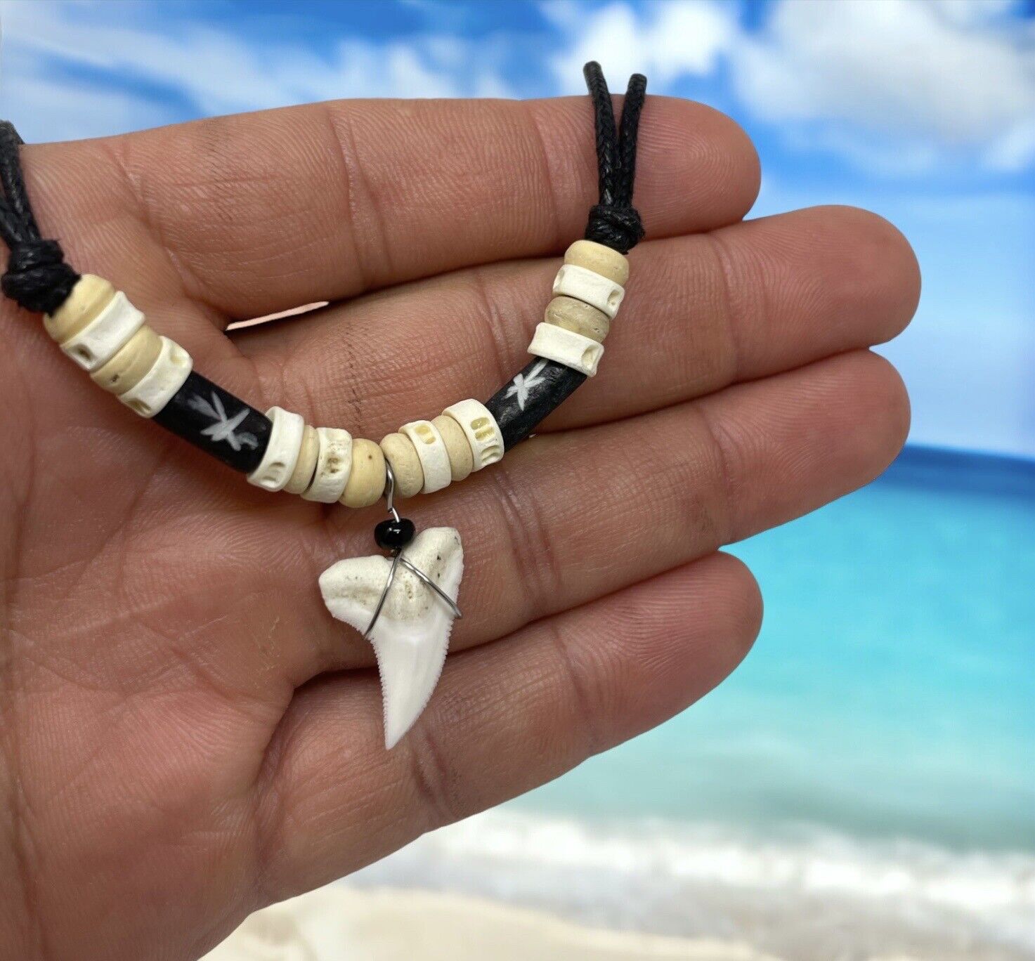 Real Mako Shark Tooth Pendant Surfer Necklace for Men Boys Wood Beads Handmade
