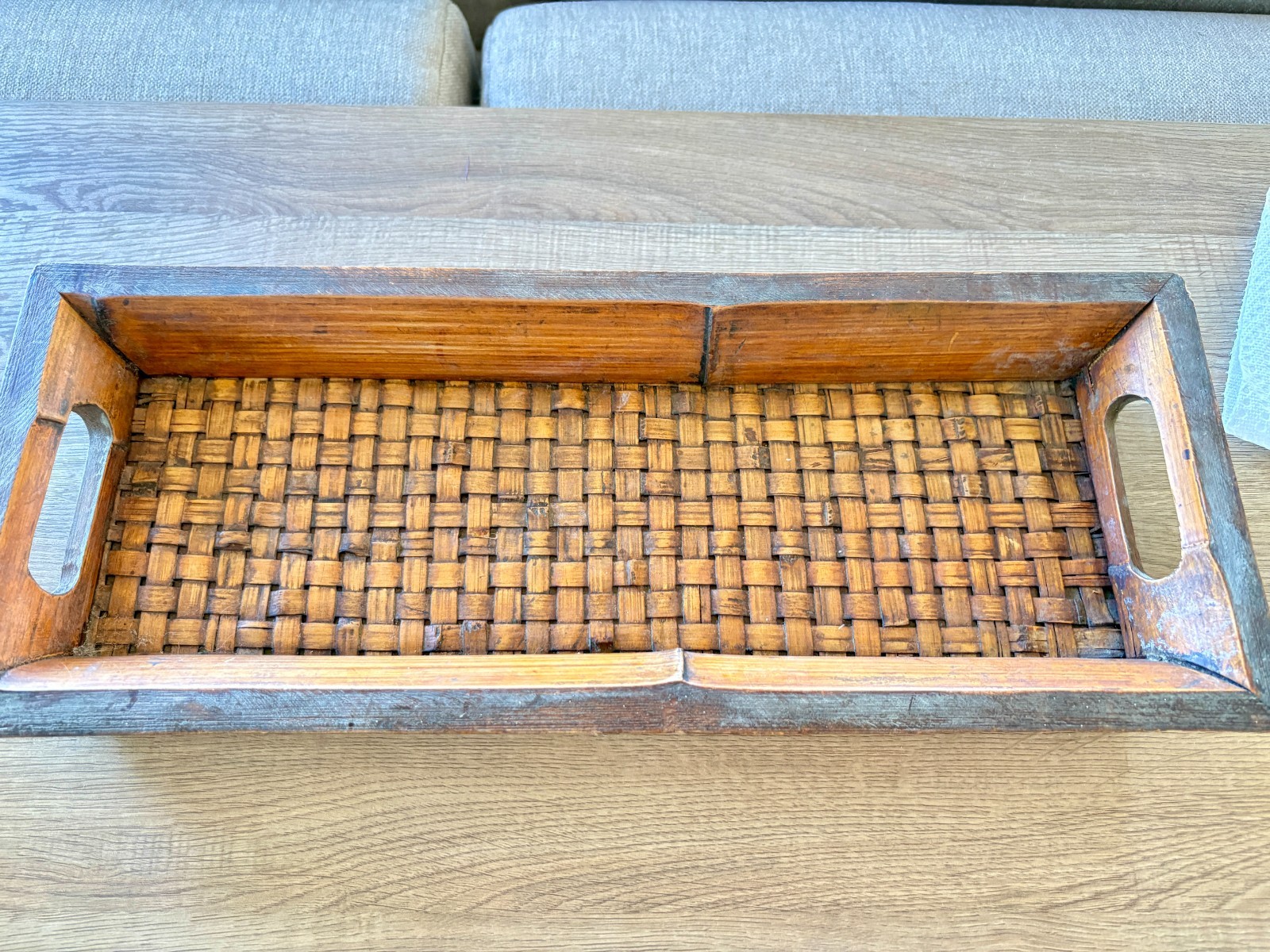 Vintage Primitive Handcrafted Bamboo Wood & Woven Splint Tray