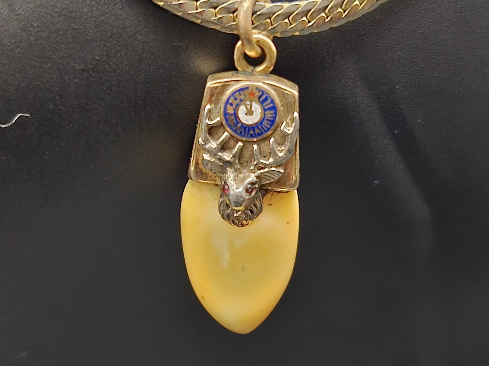 Antique 14K Gold Elks Tooth Pendant Fob BPOE Fraternal Enamel Clock Ruby Eyes