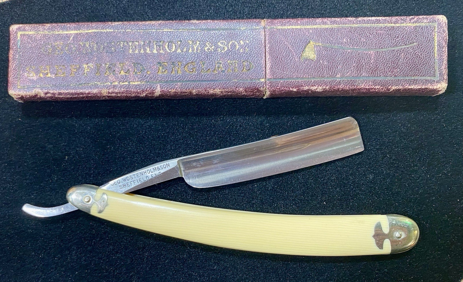 Beautiful ~ Geo. Wostenholm & Son Pipe Razor - Sheffield Eng ~ w/ Original Box