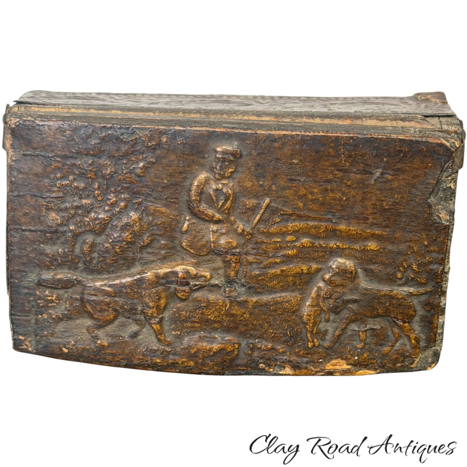 8th C Antique Birch Bark Box Embossed Hunting Dogs Folk Art Snuff Tobacco