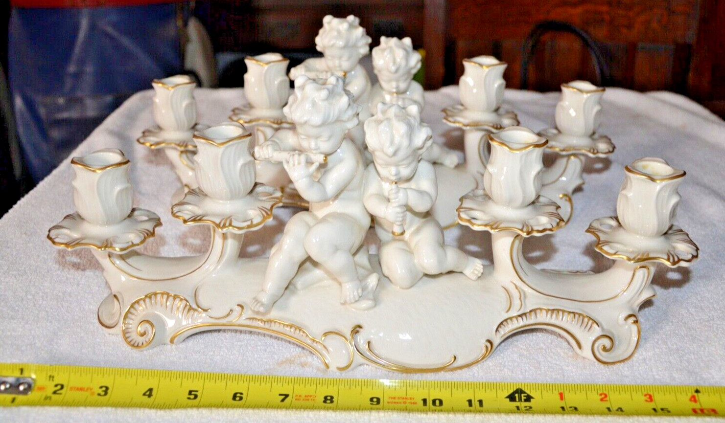 Vintage Hutschenreuther Selb 4-arm Cherub  Playing flute Long Candelabra 16\