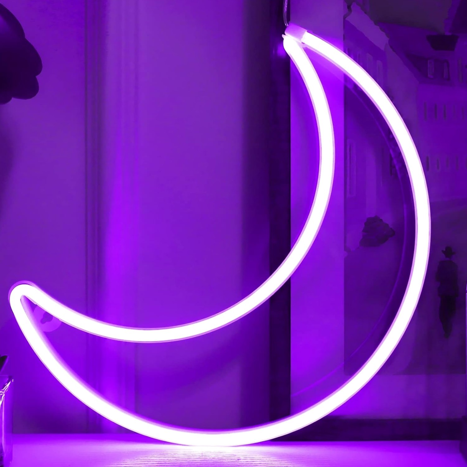 LED Purple Moon Neon Light, Cute Neon Moon Sign, Halloween Room Decor - Batte...
