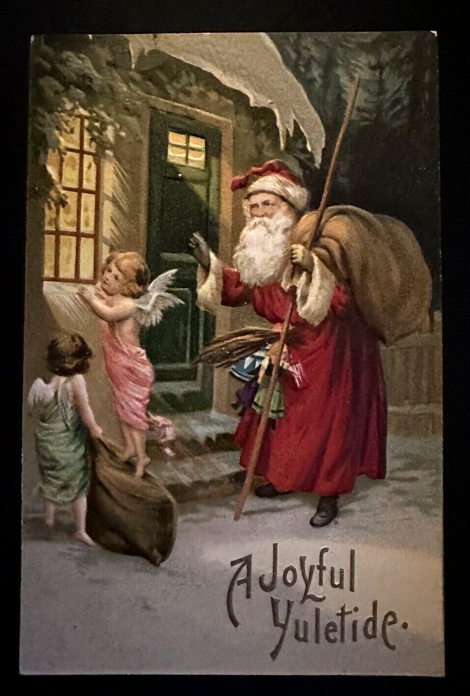 Santa Claus at Door with Angels~Staff~Sack~ Antique~Christmas  Postcard~k265